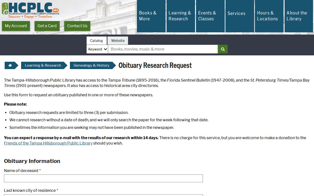 Tampa city directory obituary research request at HCPLC