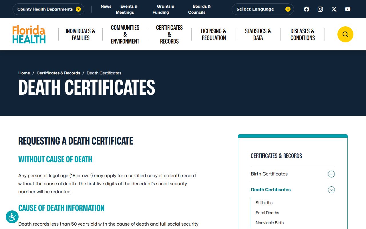 Tampa resident lookup through Florida death certificate options