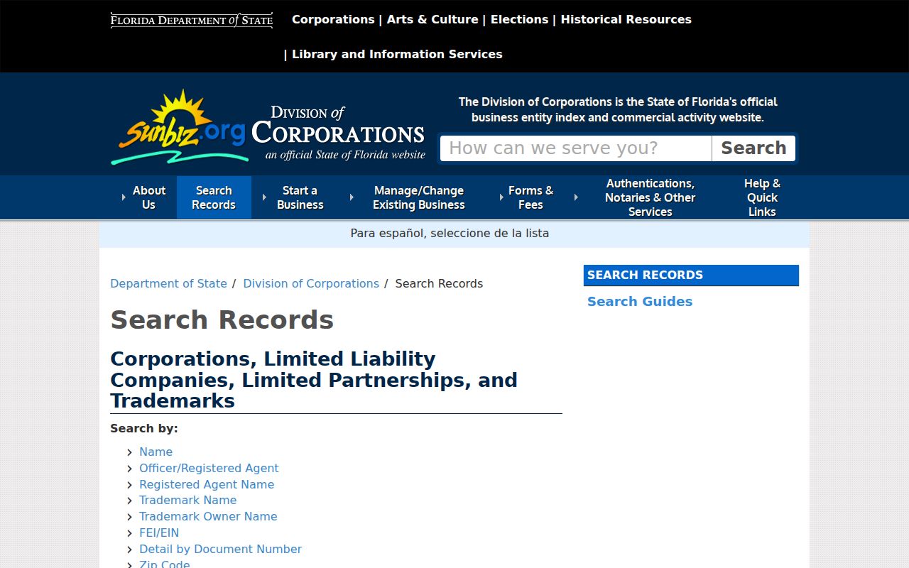 Florida Sunbiz search choices for Tampa address and ZIP research