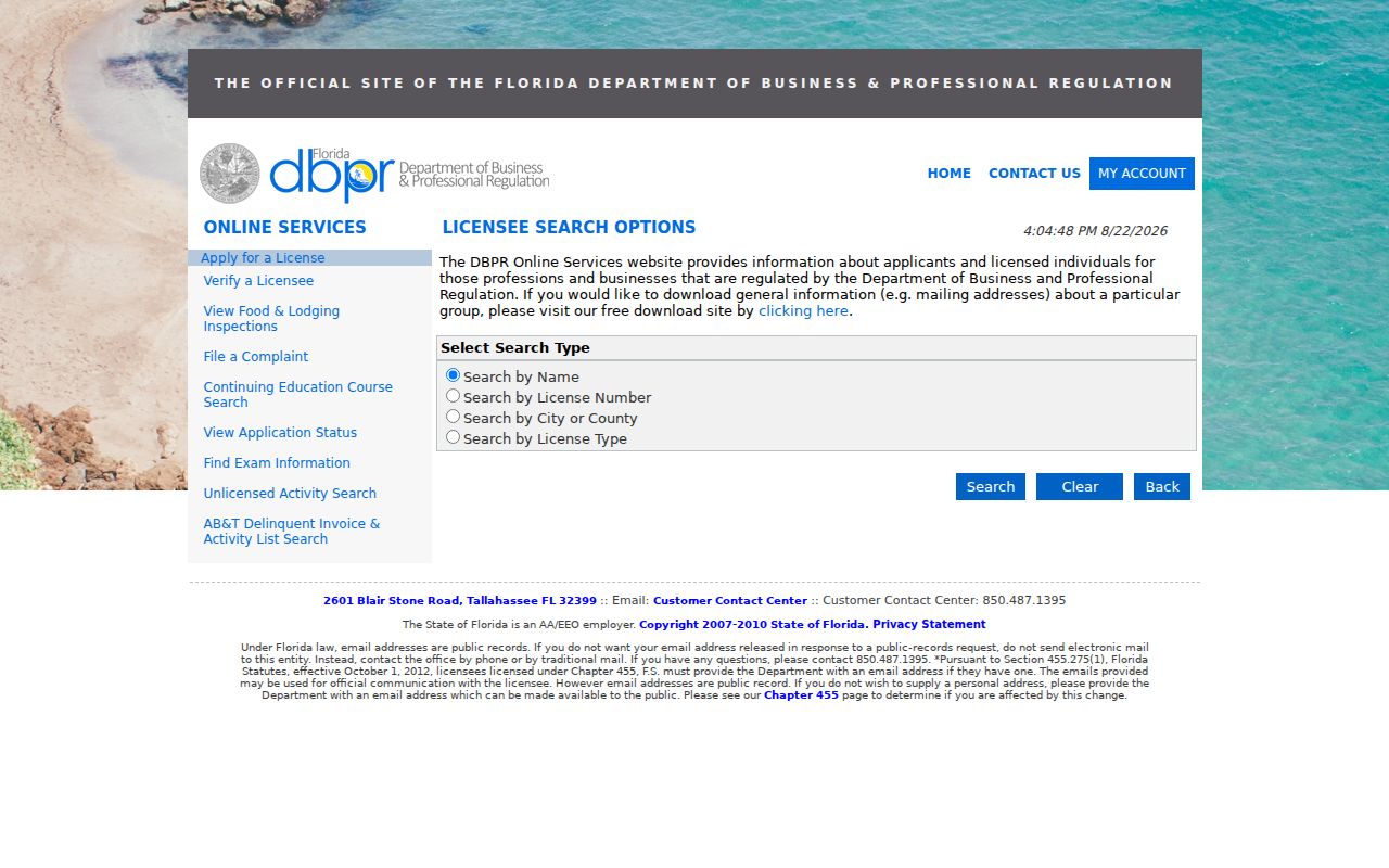 Florida DBPR place search used after narrowing a Tampa ZIP